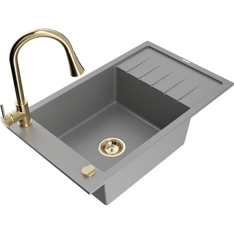 Zlewozmywak granitowy 1-komorowy Mexen Elias z ociekaczem i baterią kuchenną Elia szary 6511-71-670101-50