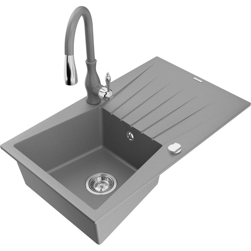 Zlewozmywak granitowy 1-komorowy Mexen Cesar z ociekaczem i baterią kuchenną Savita szary - 6514-71-672601-50 1 szt.
