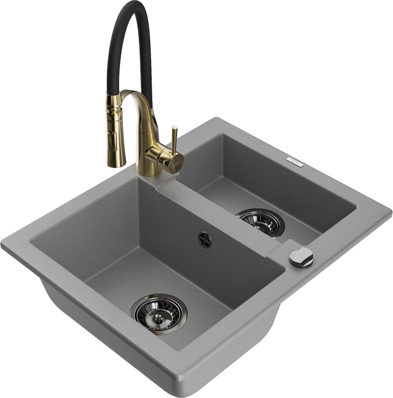 Zlewozmywak granitowy Mexen Carlos 1,5-komorowy z baterią kuchenną Aster szary 6518-71-73450-57-B