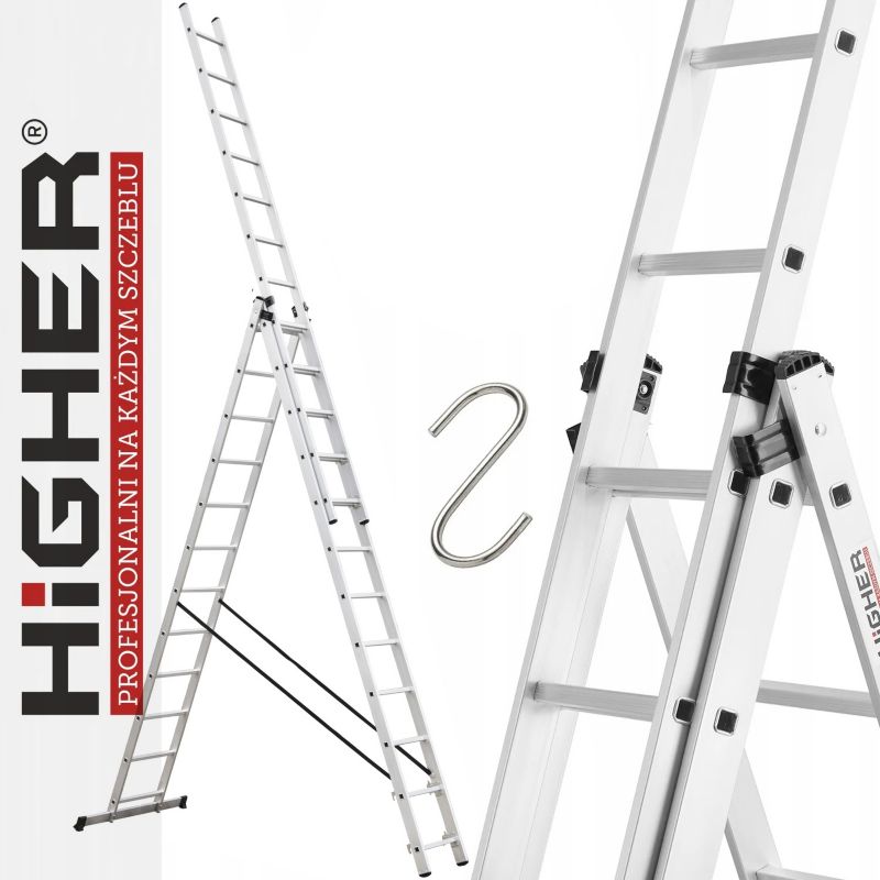Drabina aluminiowa wielofunkcyjna z opcją ustawienia na schodach 3x12 HIGHER ML-612 + hak 1szt.