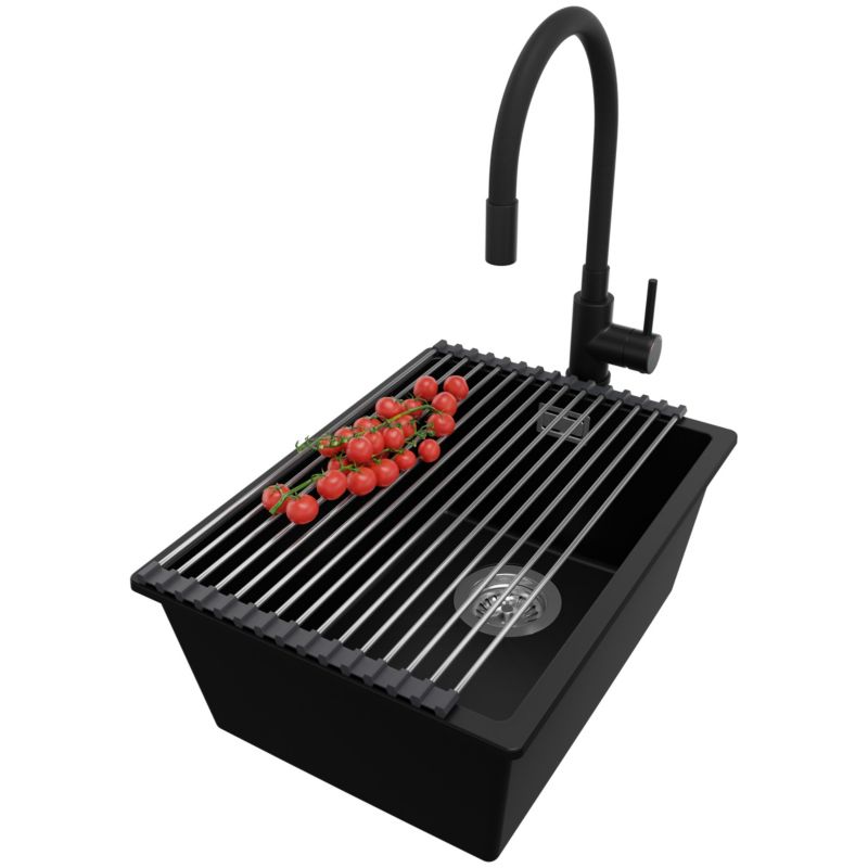 Zlewozmywak Granitowy Londyn Slim PRIMAGRAN Nablatowy 36x47cm do szafki od 40cm z Syfonem i Baterią i Dodatkiem Czarny 1 szt.