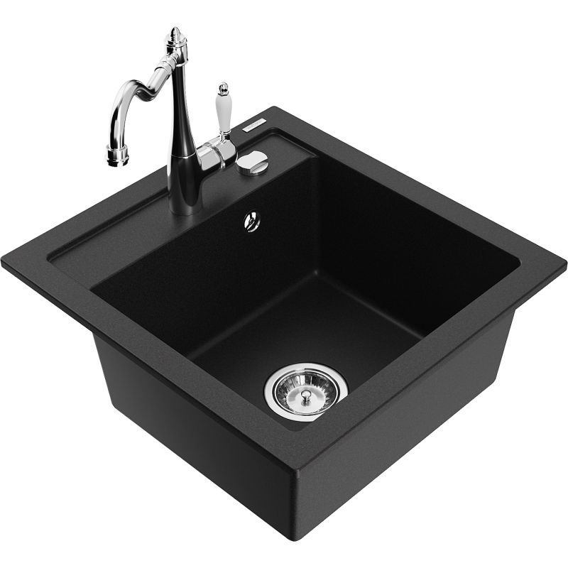 Zlewozmywak granitowy 1-komorowy Mexen Vito z baterią kuchenną Carla czarny 6503-77-670700-00