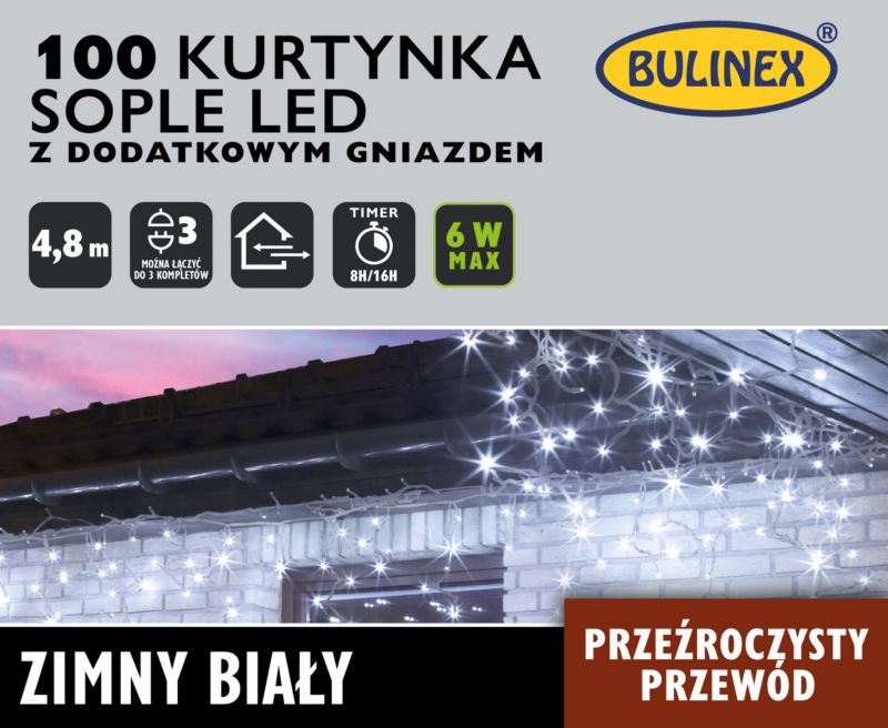 Kurtyna LED Bulinex 100L 4,8 m sople z dodatkowym gniazdem barwa zimna biała
