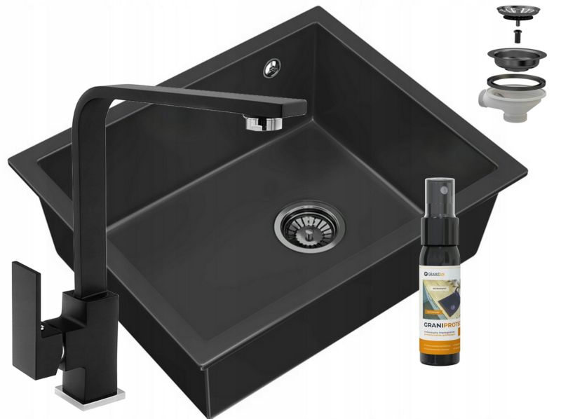 Zlewozmywak granitowy podblatowy Granitan Salix Czarny Bateria Nook Czarna Syfon Czarny 1 kpt.