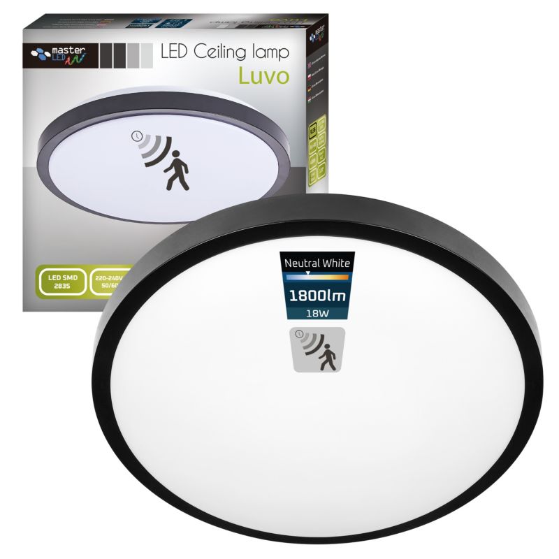 Plafon LED MasterLED Luvo z czujnikiem DIP 18W 27,5 cm IP44 neutralna biel 4000K okrągły czarny 1 szt.