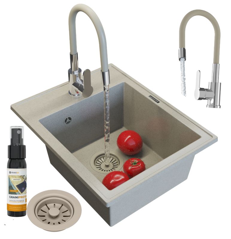 Zlewozmywak Granitowy Granitan Nero Jednokomorowy z Baterią i Syfonem 1kpl.