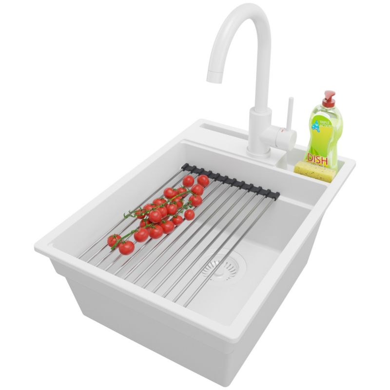 Zlewozmywak Granitowy Oslo Pocket PRIMAGRAN Nablatowy 38x53cm do szafki od 40cm z Syfonem i Baterią i Dodatkiem Cały Biały 1 szt.