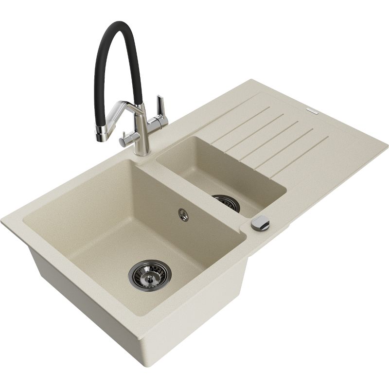 Zlewozmywak granitowy 1.5-komorowy Mexen Matias z ociekaczem i baterią kuchenną Duo beżowy 6502-69-671701-07-B