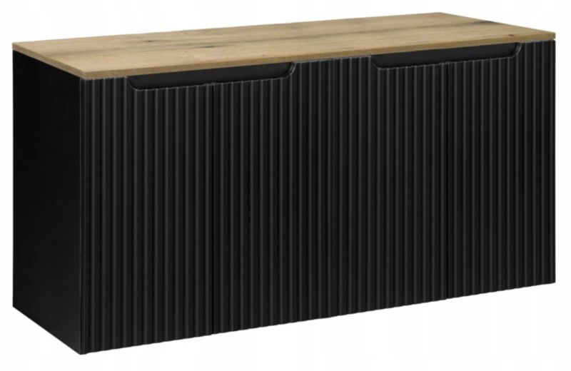 Szafka pod Umywalkę Furnidea 120 cm Wisząca z Blatem Dąb Czarna Ryflowane Fronty 4 Drzwi 1 szt.