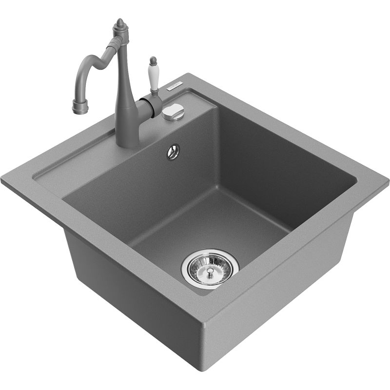 Zlewozmywak granitowy 1-komorowy Mexen Vito z baterią kuchenną Carla szary 6503-71-670700-71