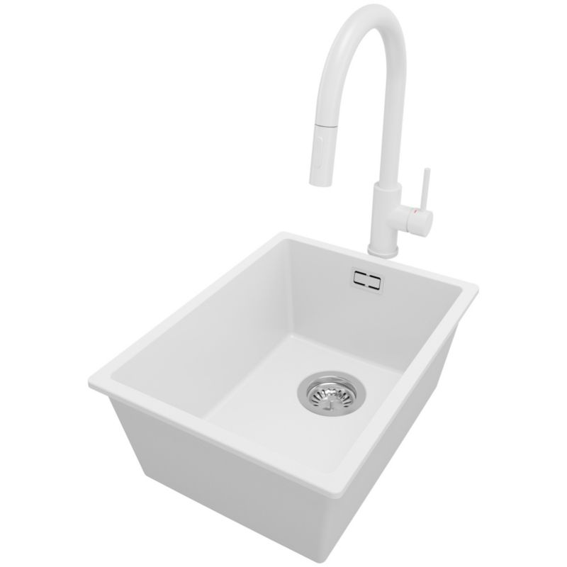 Zlewozmywak Granitowy Londyn Slim PRIMAGRAN Nablatowy 36x47cm do szafki od 40cm, Biały + Bateria 40x20cm + Syfon, S047, 1 szt.