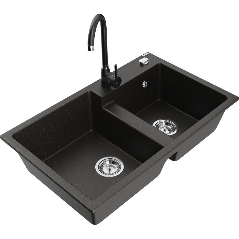 Zlewozmywak granitowy 2-komorowy Mexen Tomas z baterią kuchenną Telma czarny/złoty metalik 6516-75-670200-70