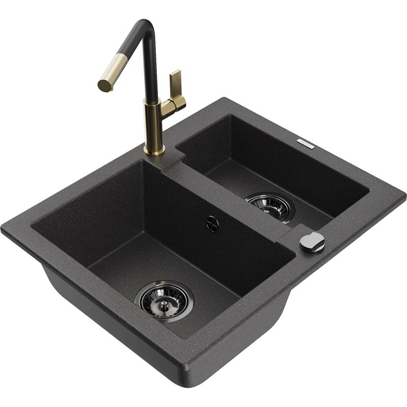 Zlewozmywak granitowy 1.5-komorowy Mexen Carlos z baterią kuchenną Flora czarny nakrapiany 6518-76-670401-57-B