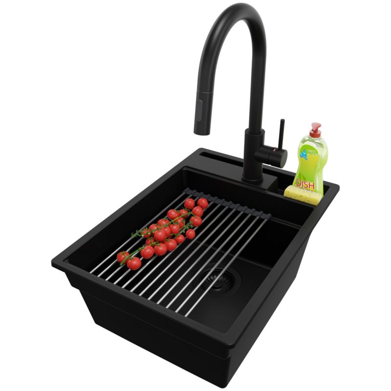 Zlewozmywak Granitowy Oslo Pocket PRIMAGRAN Nablatowy 38x53cm do szafki od 40cm z Syfonem i Baterią i Dodatkiem Cały Czarny 1 szt.