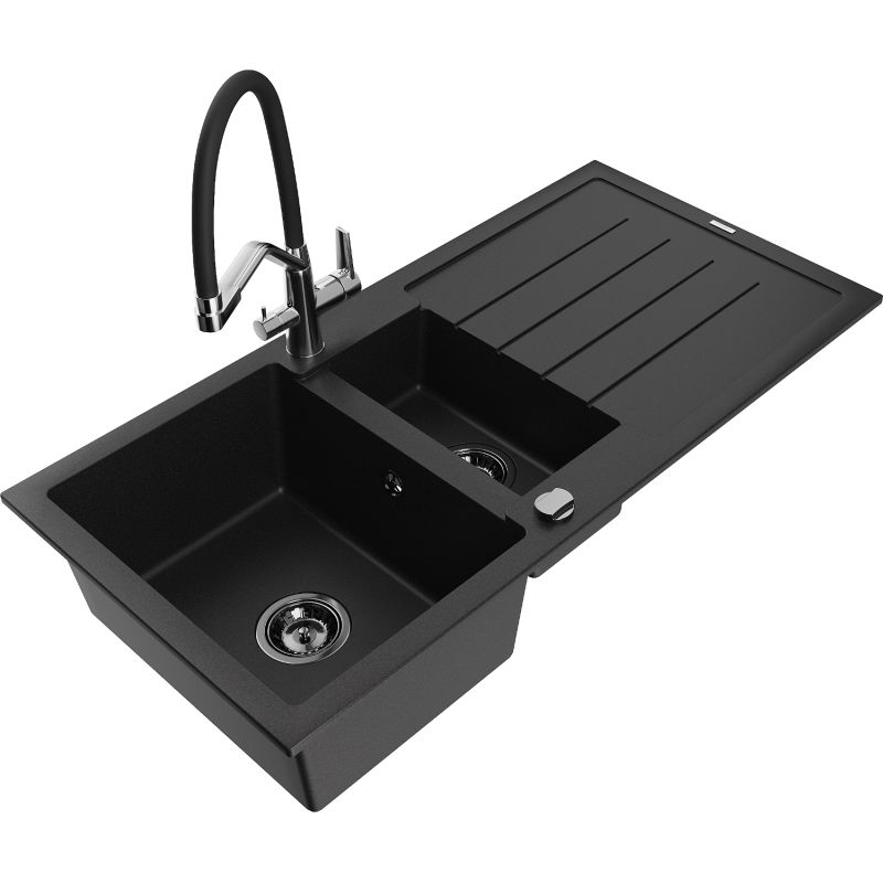 Zlewozmywak granitowy 1.5-komorowy Mexen Andres z ociekaczem i baterią kuchenną Duo czarny - 6515-77-671701-70-B 1 szt.