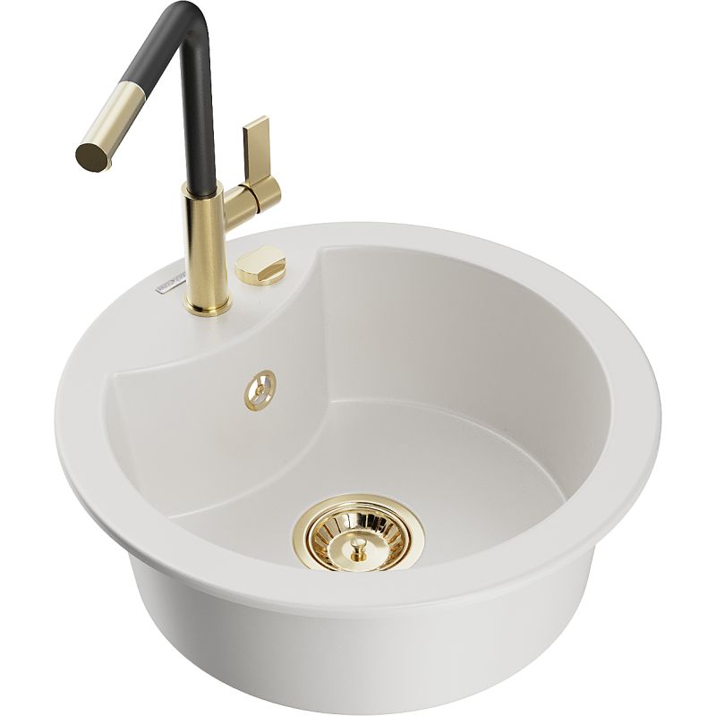 Zlewozmywak granitowy 1-komorowy Mexen Diego z baterią kuchenną Flora biały 6512-20-670401-57-G