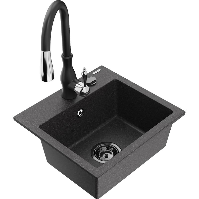 Zlewozmywak granitowy 1-komorowy Mexen Milo z baterią kuchenną Savita czarny nakrapiany 6505-76-672601-70-B