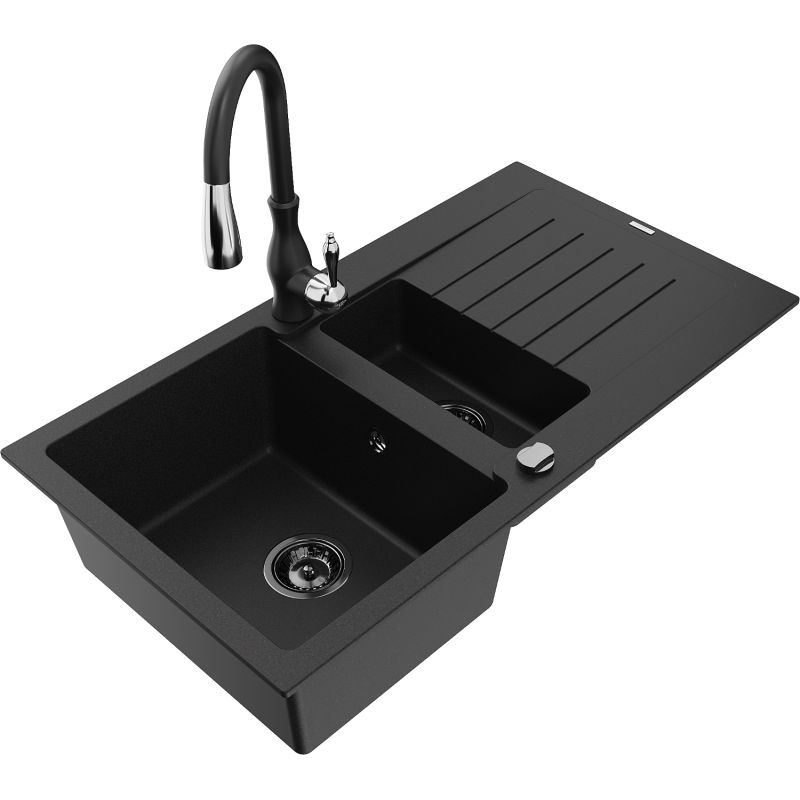 Zlewozmywak granitowy 1.5-komorowy Mexen Matias z ociekaczem i baterią kuchenną Savita czarny - 6502-77-672601-50 1 szt.