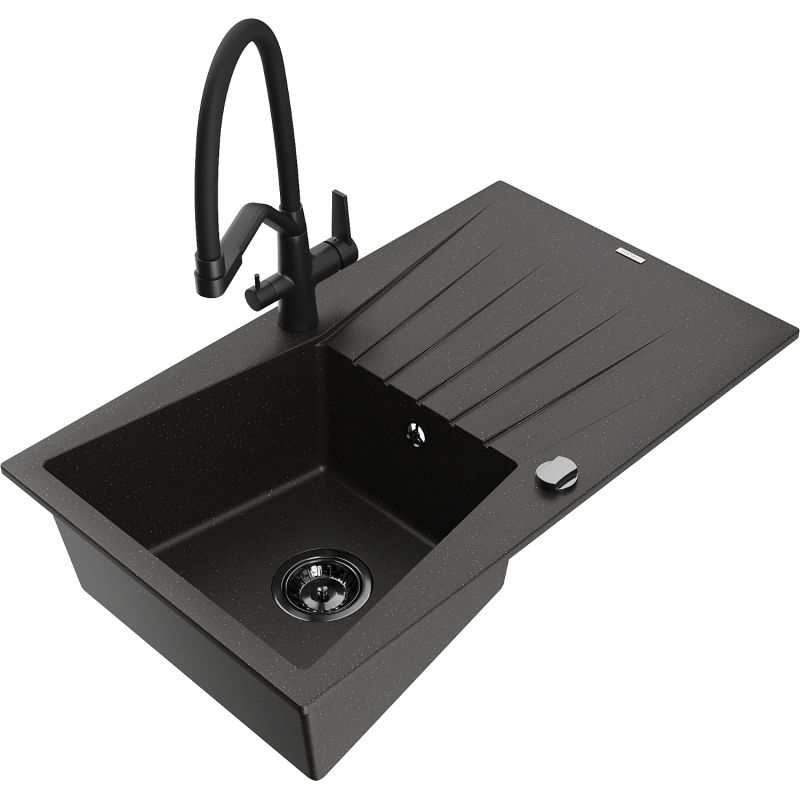 Zlewozmywak granitowy 1-komorowy Mexen Cesar z ociekaczem i baterią kuchenną Duo szary - 6514-71-671701-07 1 szt.