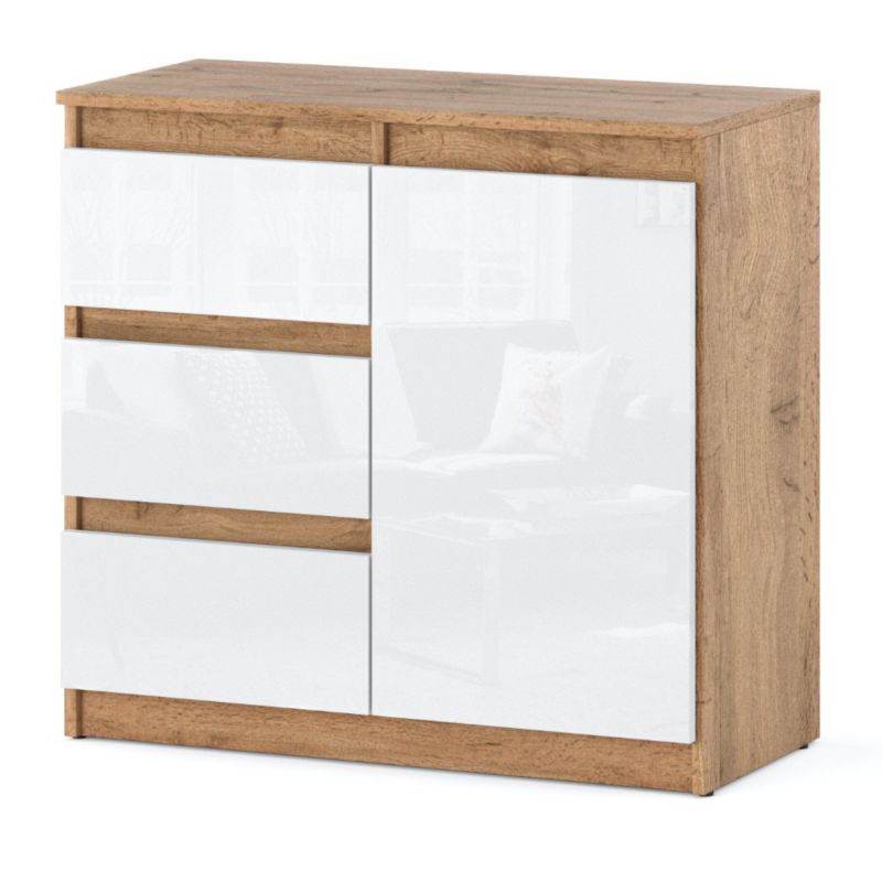 Komoda Hurtownia-Mebli Szuflady 3 Agnes 1D3SZ 80cm Dąb Wotan Biały Połysk 80x35x75 cm 1szt.