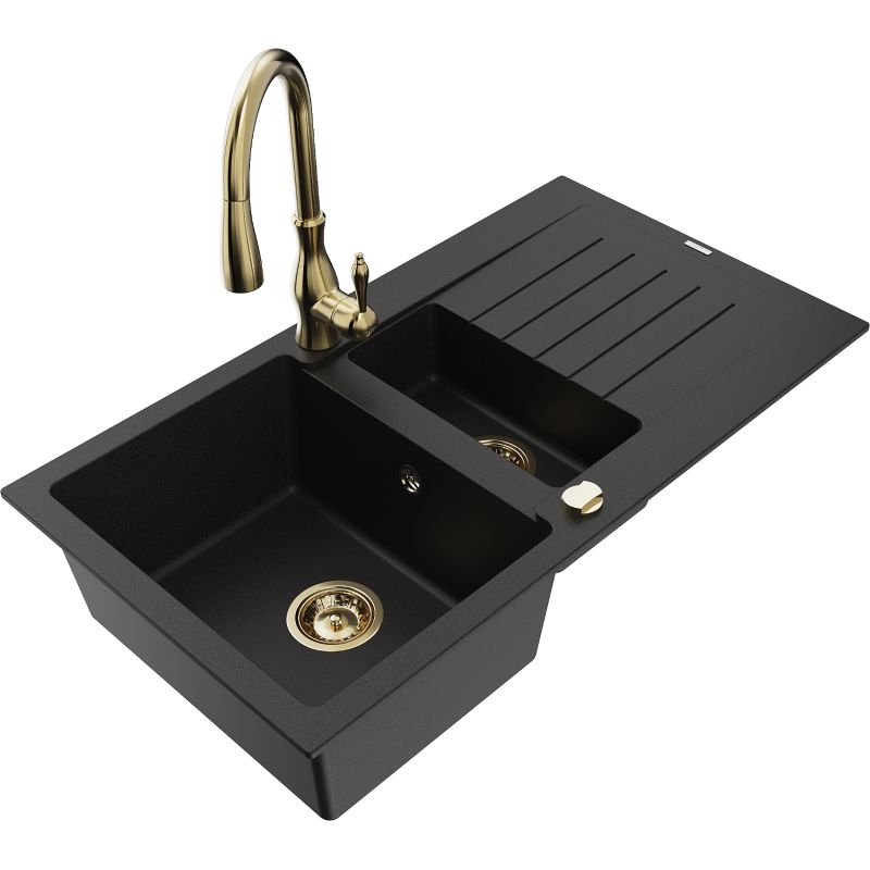 Zlewozmywak granitowy 1.5-komorowy Mexen Matias z ociekaczem i baterią kuchenną Savita czarny - 6502-77-672601-70 1 szt.