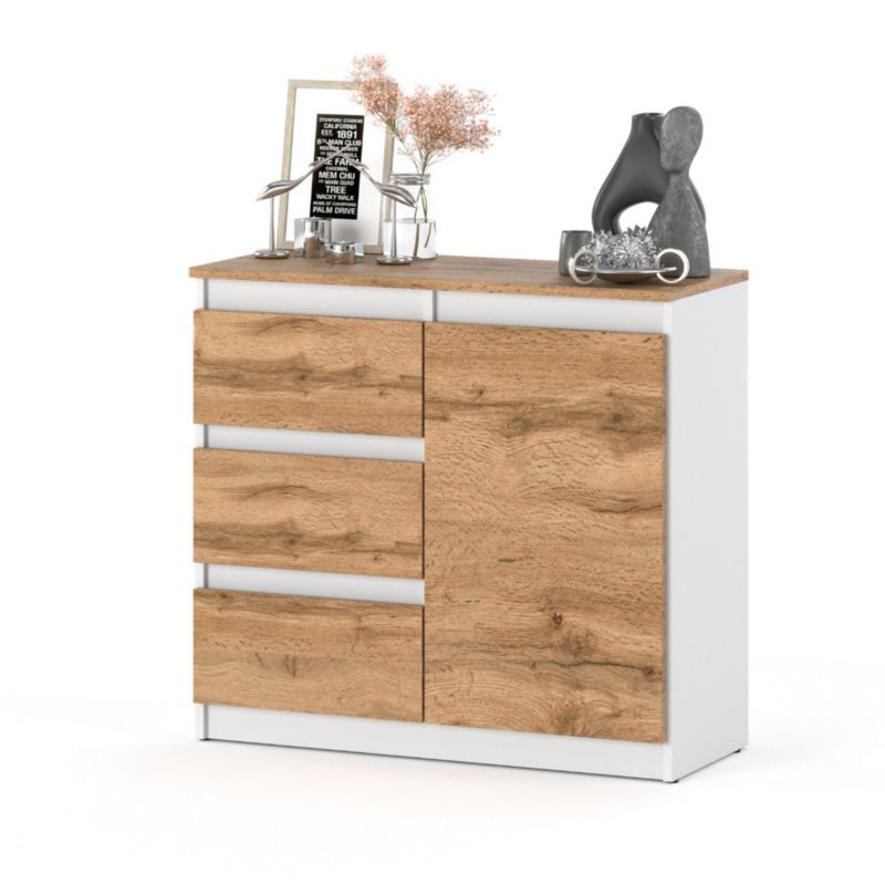 Komoda Hurtownia-Mebli Szuflady 3 Agnes Plus 1D3SZ 80cm Biały Mat Dąb Wotan 80x35x75 cm 1szt.