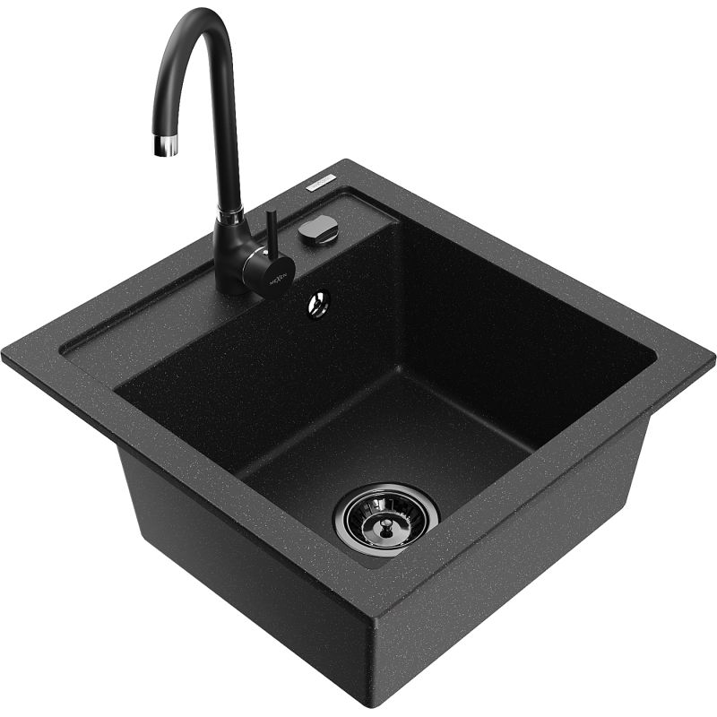 Zlewozmywak granitowy 1-komorowy Mexen Vito z baterią kuchenną Telma czarny/srebrny metalik 6503-73-670200-70-B