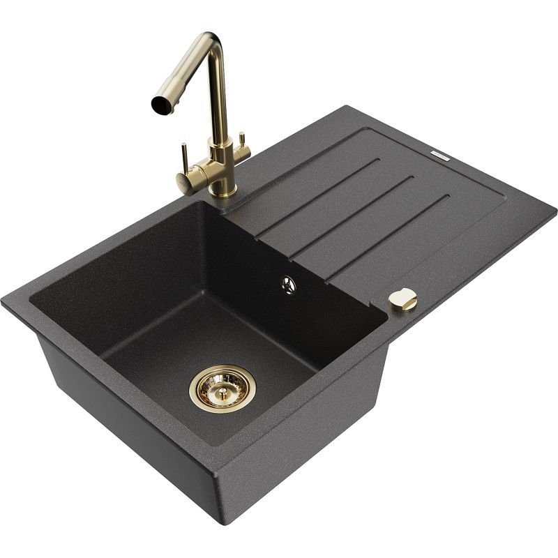 Zlewozmywak granitowy 1-komorowy Mexen Bruno z ociekaczem i baterią kuchenną Duero czarny nakrapiany 6513-76-671600-50