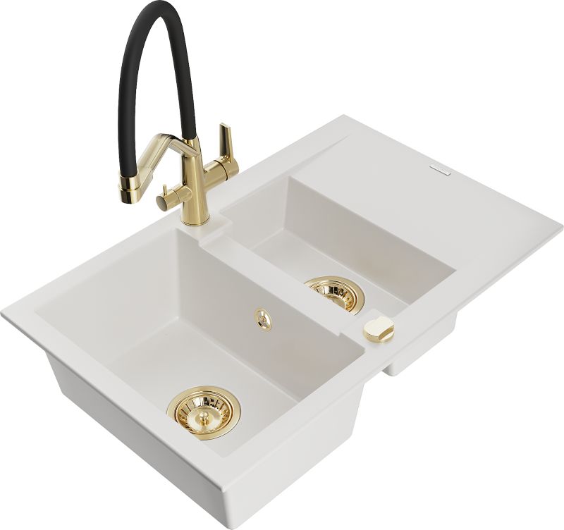 Zlewozmywak granitowy Mexen Gaspar 1,5-komorowy z ociekaczem i baterią kuchenną Duo biały 6507-20-671701-57-G