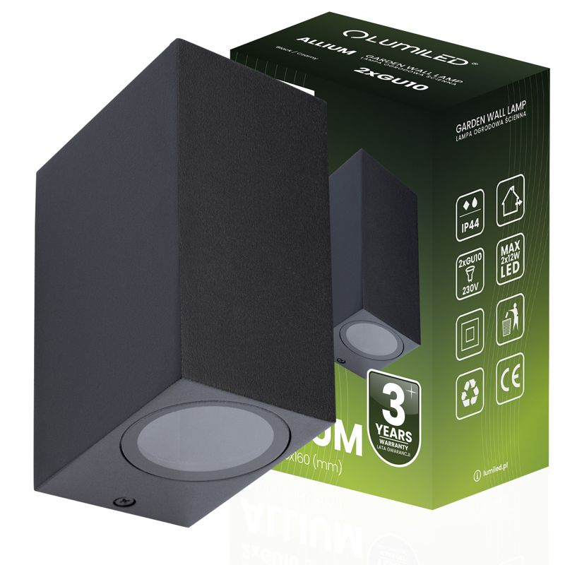 Kinkiet Ogrodowy Lumiled Elewacyjny Lampa Zewnętrzna 2x GU10 Czarna Kwadrat 1 szt.