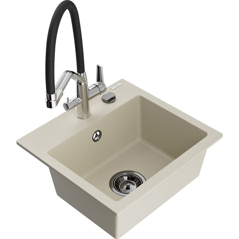 Zlewozmywak granitowy 1-komorowy Mexen Milo z baterią kuchenną Duo beżowy 6505-69-671701-07-B