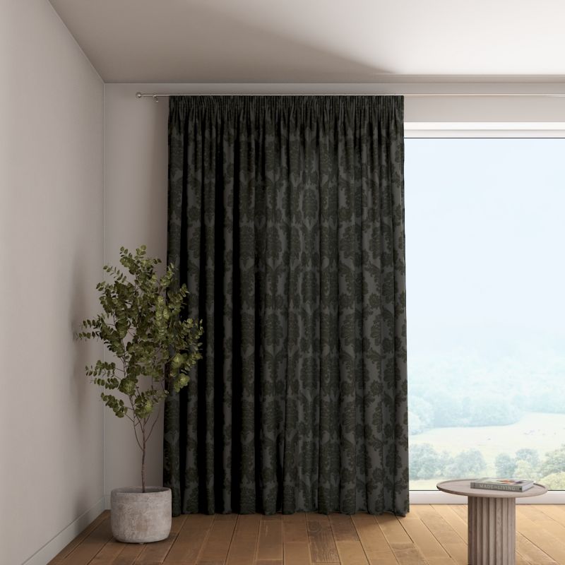 Zasłona na taśmie marszczącej 1 szt. 130 x 245 cm Dekoria czarne liście akantu na grafitowym tle 1 szt.