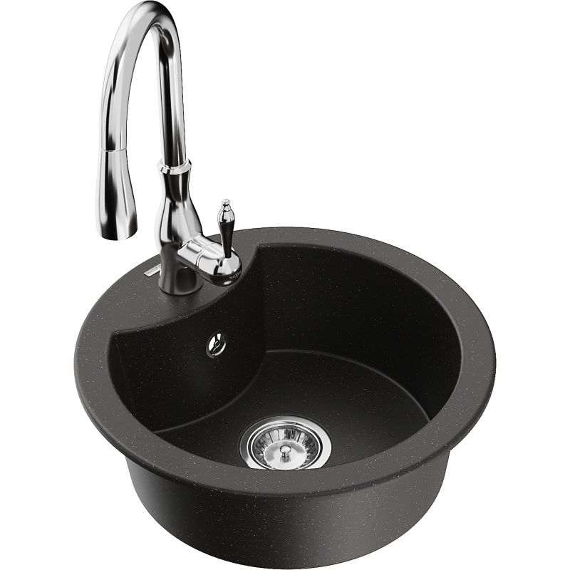 Zlewozmywak granitowy 1-komorowy Mexen Diego z baterią kuchenną Savita czarny/złoty metalik - 6512-75-672601-70 1 szt.