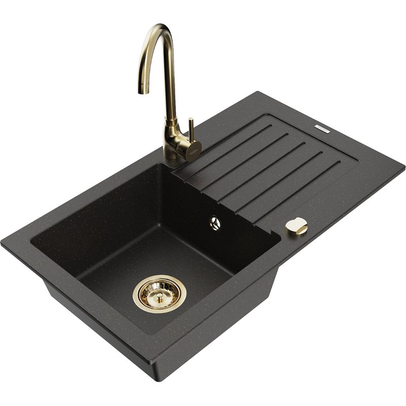 Zlewozmywak granitowy 1-komorowy Mexen Pablo z ociekaczem i baterią kuchenną Telma czarny/złoty 6510-75-670200-50
