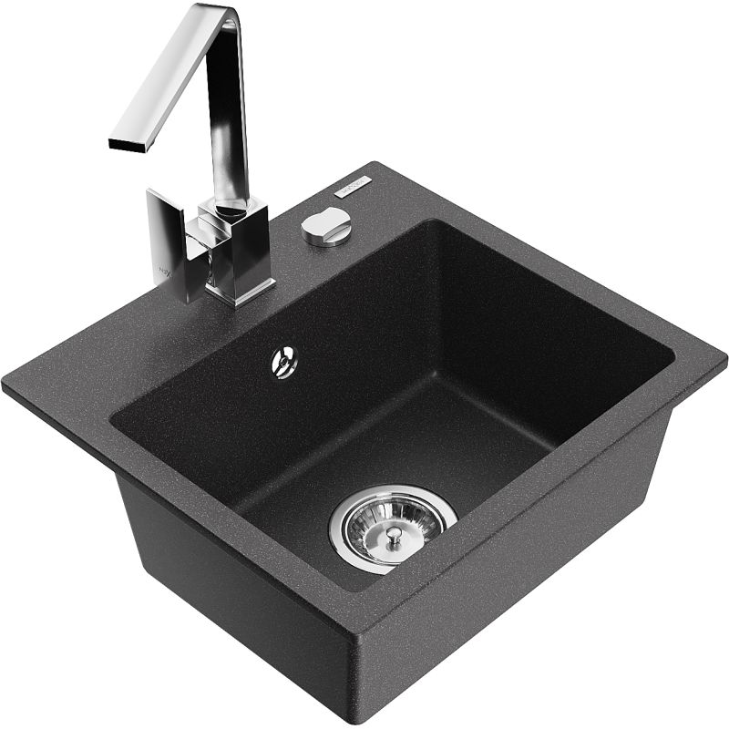 Zlewozmywak granitowy 1-komorowy Mexen Milo z baterią kuchenną Rita czarny nakrapiany 6505-76-670300-00