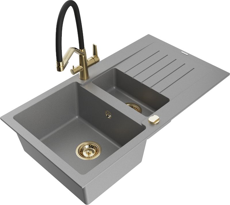 Zlewozmywak granitowy Mexen Matias 1,5-komorowy z ociekaczem i baterią kuchenną Duo szary 6502-71-671701-57-G