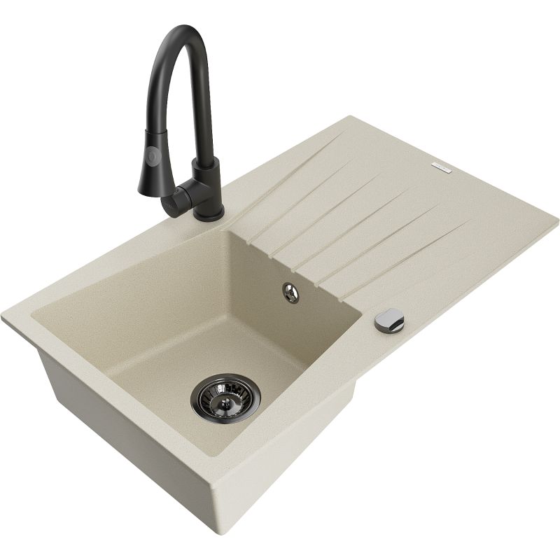 Zlewozmywak granitowy 1-komorowy Mexen Cesar z ociekaczem i baterią kuchenną Elia biały - 6514-20-670101-70 1 szt.