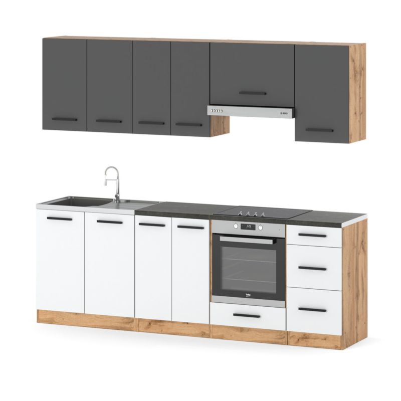 Zestaw Kuchenny Hurtownia-Mebli Z Blatem Kuchnia Mokka Plus 240cm Dąb Wotan Szary Mat/Biały Mat 240x47x145 cm 1szt.