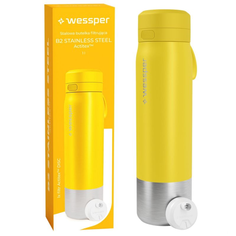 Butelka na wodę, Wessper, filtrująca, stal nierdzewna, bidon, z filtrem wody, 1L, B2 STAINLESS STEEL Actitex, żółta, 1szt