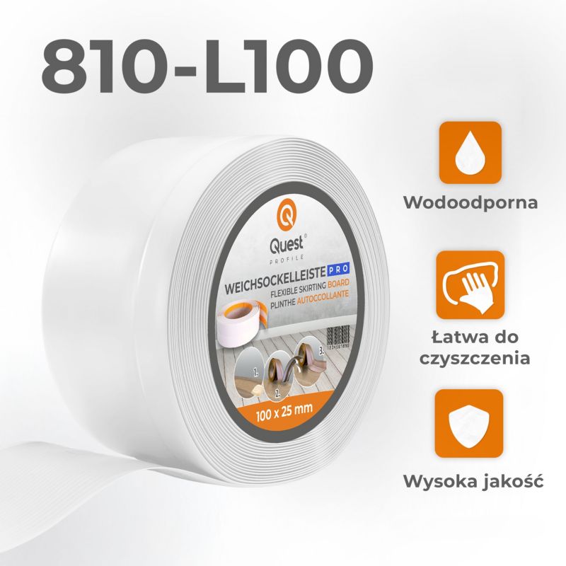 Listwa przypodłogowa PCV 100x25mm, QUEST, elastyczna, miękka listwa podłogowa, cokołowa, biały, 20m