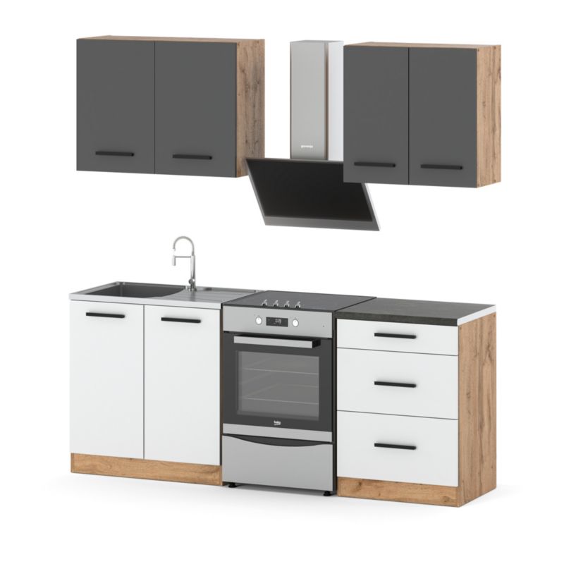 Zestaw Kuchenny Hurtownia-Mebli Z Blatem Kuchnia Mini Mokka 200cm Dąb Wotan Szary Mat/Biały Mat 200x47x145 cm 1szt.