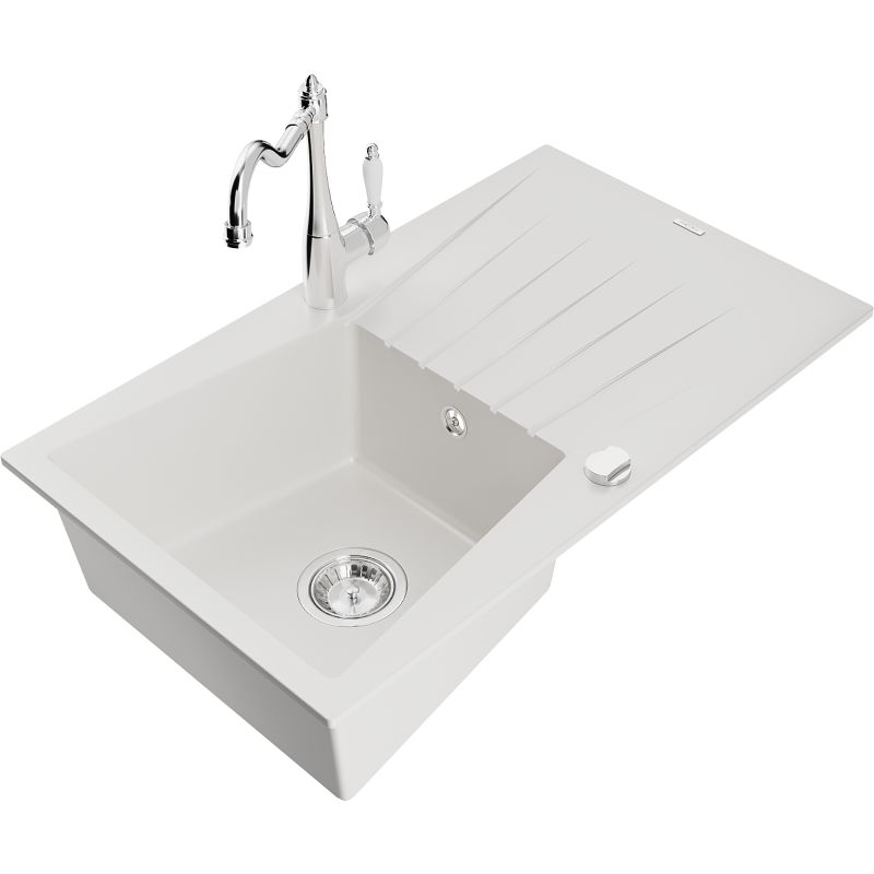 Zlewozmywak granitowy 1-komorowy Mexen Cesar z ociekaczem i baterią kuchenną Carla biały 6514-20-670700-00