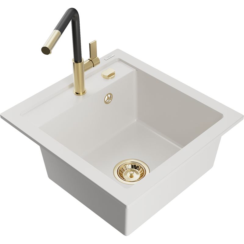 Zlewozmywak granitowy 1-komorowy Mexen Vito z baterią kuchenną Flora biały 6503-20-670401-57-G