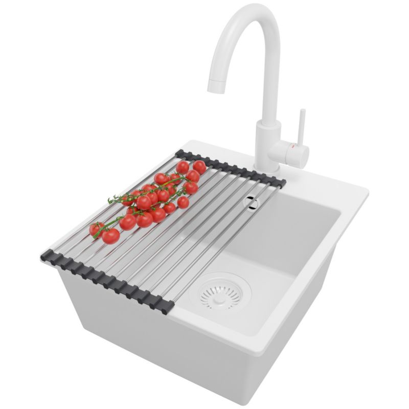 Zlewozmywak Granitowy Ryga Easy PRIMAGRAN Nablatowy 38x44cm do szafki od 40cm z Syfonem i Baterią i Dodatkiem Cały Biały 1 szt.