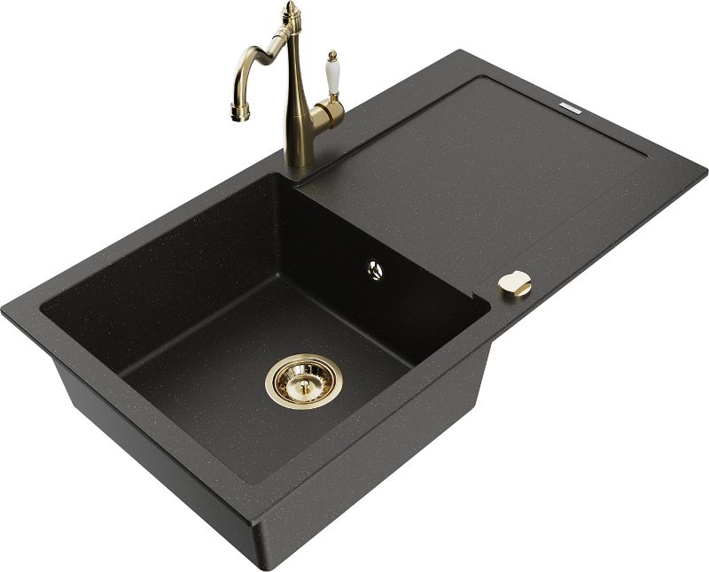 Zlewozmywak granitowy Mexen Leo 1-komorowy z ociekaczem i baterią kuchenną Carla czarny/złoty 6501-75-670700-50