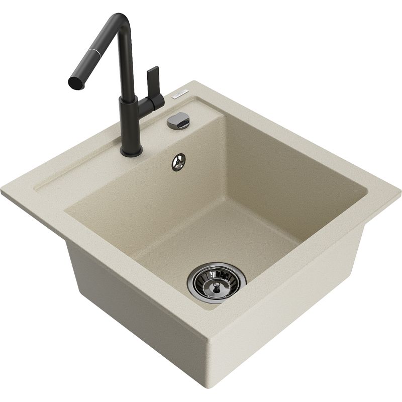 Zlewozmywak granitowy 1-komorowy Mexen Vito z baterią kuchenną Flora biały - 6503-20-670401-70-B 1 szt.