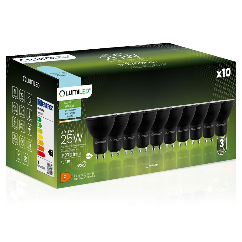 Żarówka LED LUMILED GU10 3W 270lm 6500K 120st Czarna 10 szt.