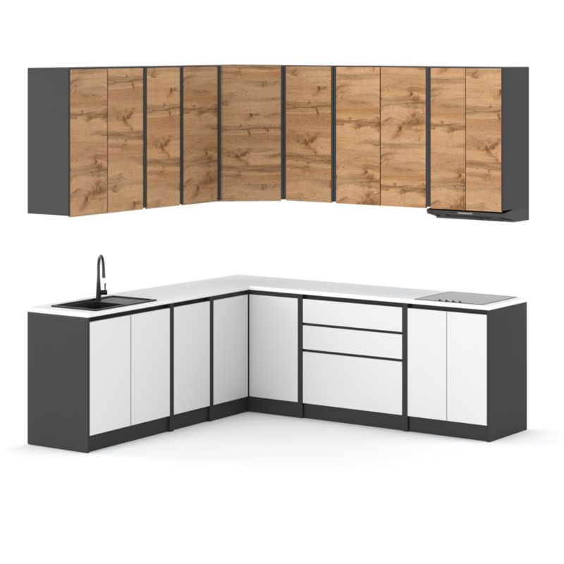 Zestaw Kuchenny Hurtownia-Mebli Z Blatem Kuchnia Bella Narożna 440cm Szary Mat Dąb Wotan/Biały Mat 440x47x185 cm 1szt.