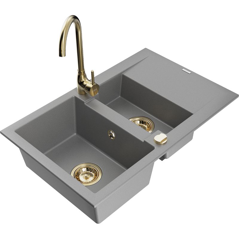 Zlewozmywak granitowy 1.5-komorowy Mexen Gaspar z ociekaczem i baterią kuchenną Telma szary 6507-71-670200-50