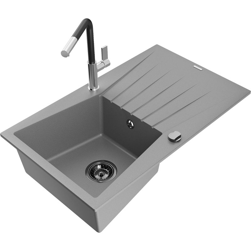 Zlewozmywak granitowy 1-komorowy Mexen Cesar z ociekaczem i baterią kuchenną Flora szary - 6514-71-670401-07 1 szt.